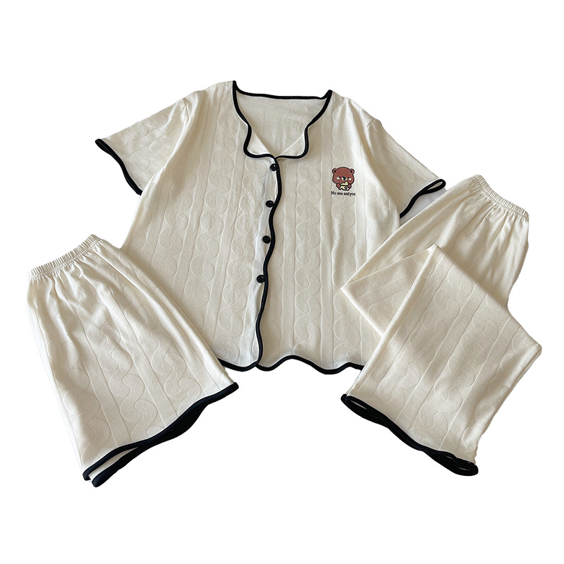 Jacquard Bear live-streaming three-piece set summer pajamas for women, short sleeves, shorts, long pants, cardigan, solid color cartoon home wear Item Picture