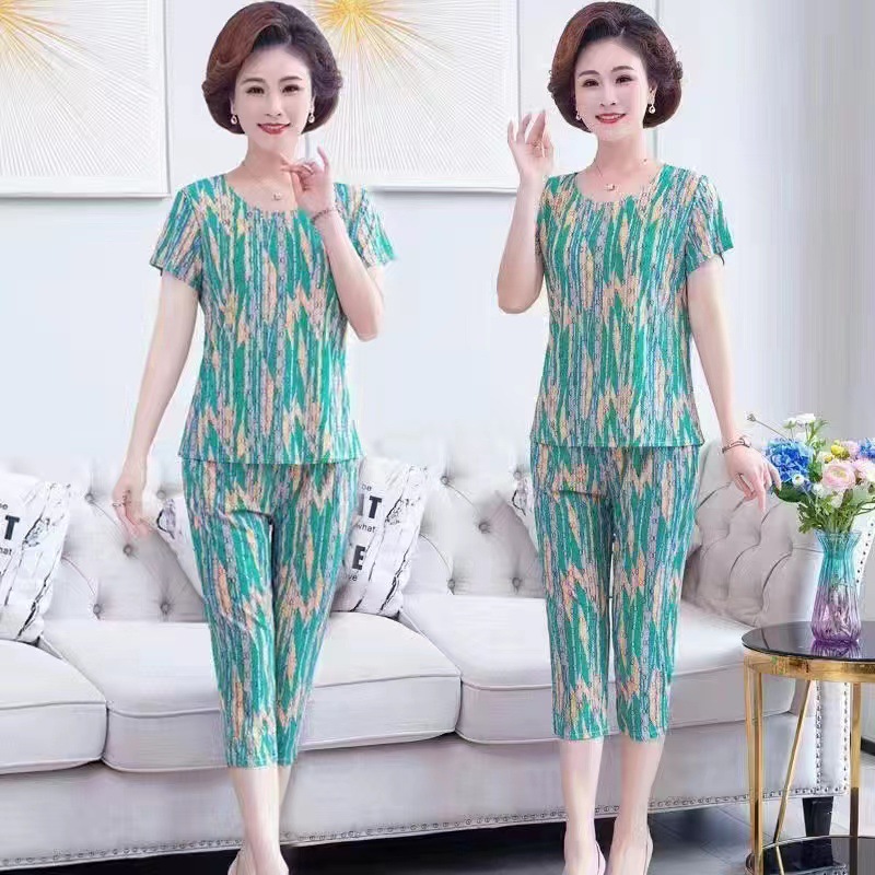 Mom Summer Beauty Strip Set Casual 2022 New Style Middle-aged and Elderly women's top, large-sized middle-aged short-sleeved T-shirt Specification image