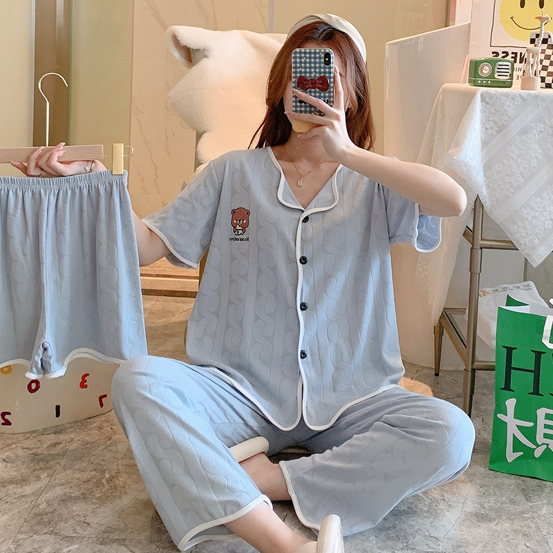 Jacquard Bear live-streaming three-piece set summer pajamas for women, short sleeves, shorts, long pants, cardigan, solid color cartoon home wear Specification image