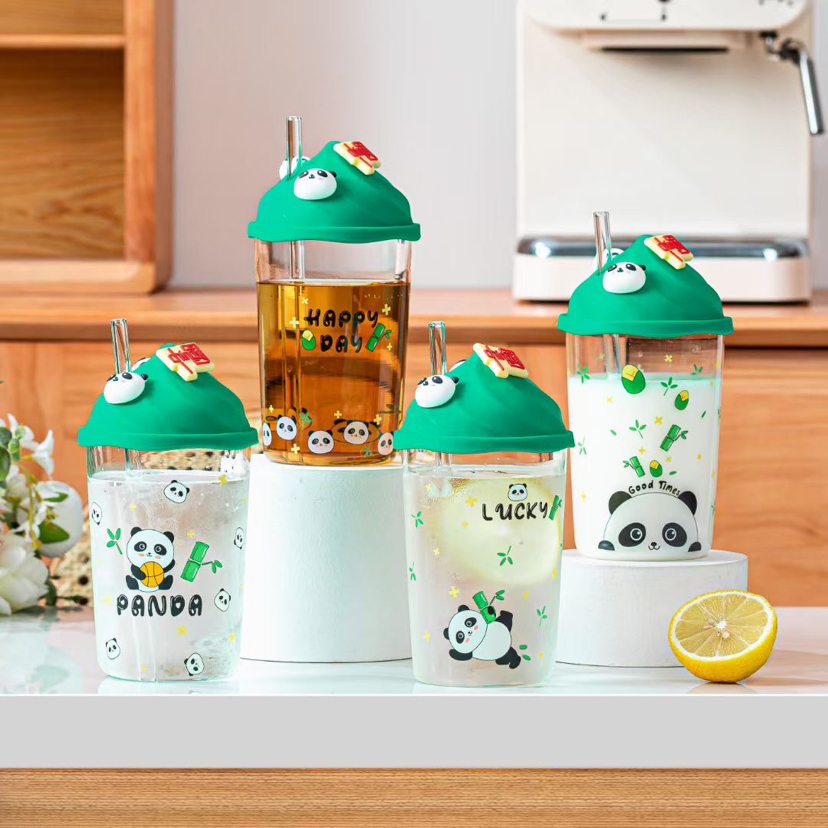 New creative Panda glass cartoon straw milk cup cute Pyrex drink cup