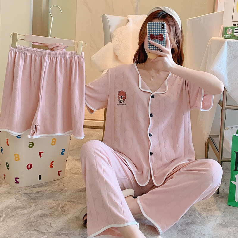 Jacquard Bear live-streaming three-piece set summer pajamas for women, short sleeves, shorts, long pants, cardigan, solid color cartoon home wear details Picture