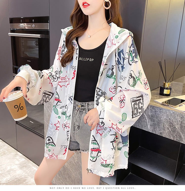 Large-sized loose hooded sun-protective cardigan with zipper jacket for women, a new laid-back style Korean-style sun-protective clothing trend on Instagram