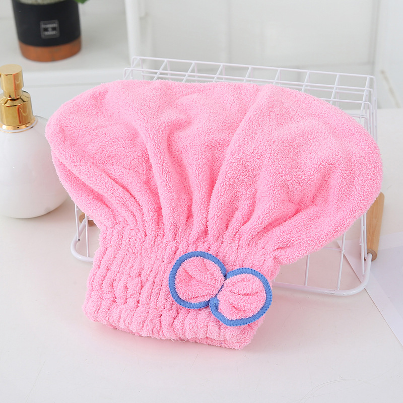 Solid-color high-density coral fleece dry hair cap, thickened bow coral fleece princess cap, shower cap with elastic band details Picture