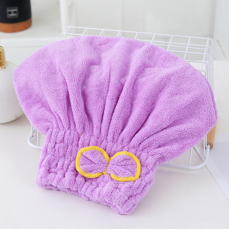 Solid-color high-density coral fleece dry hair cap, thickened bow coral fleece princess cap, shower cap with elastic band Item Picture