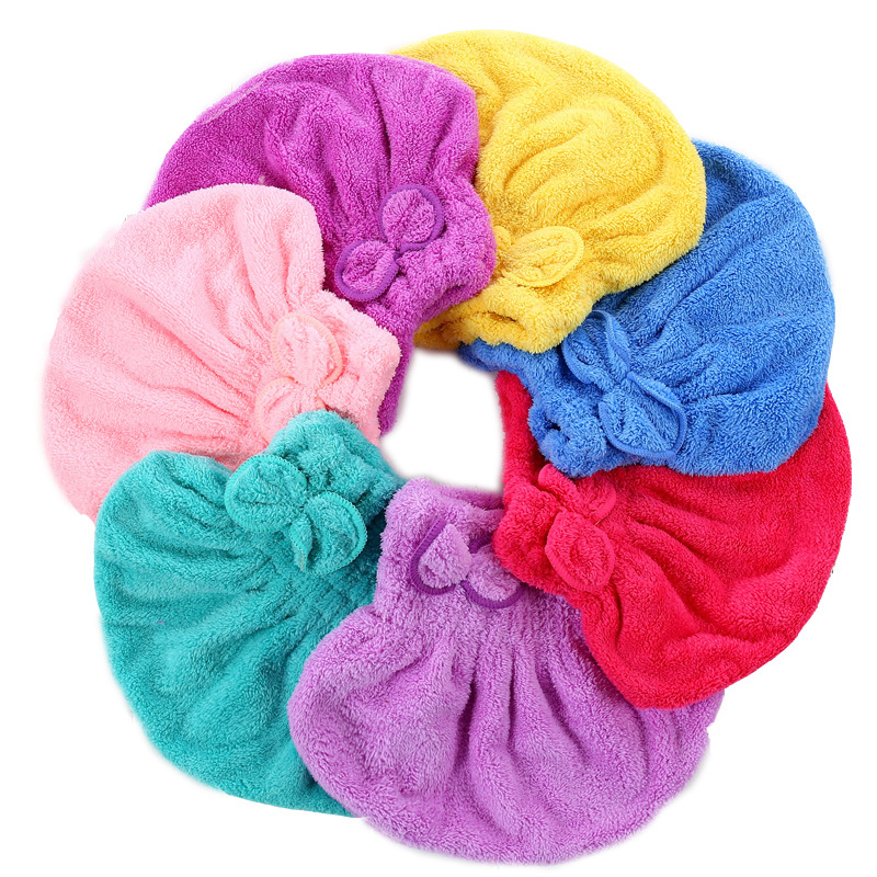 Solid-color high-density coral fleece dry hair cap, thickened bow coral fleece princess cap, shower cap with elastic band