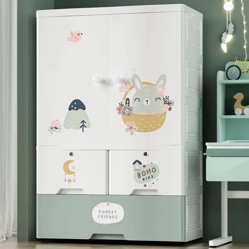 Thickened, extra-large 75cm simple children's wardrobe, home bedroom plastic double-door storage cabinet, baby hanging wardrobe