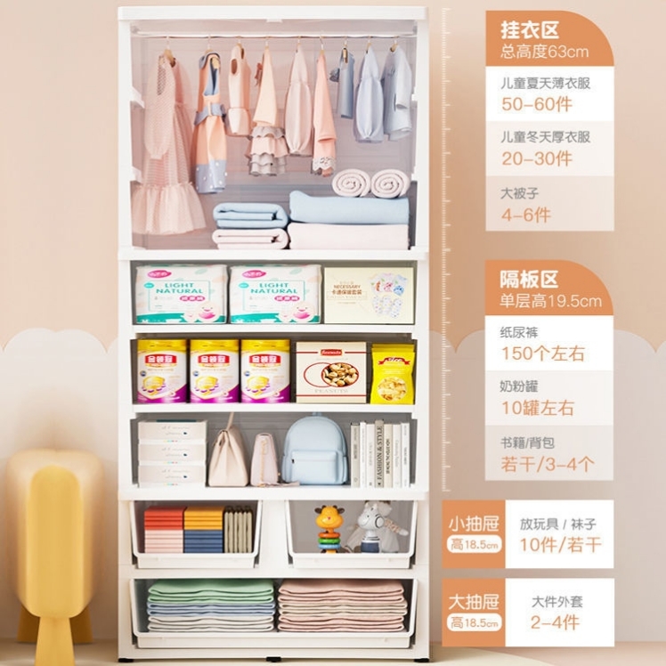 Thickened, extra-large 75cm simple children's wardrobe, home bedroom plastic double-door storage cabinet, baby hanging wardrobe Item Picture