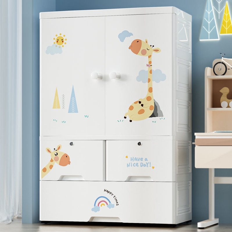 Thickened, extra-large 75cm simple children's wardrobe, home bedroom plastic double-door storage cabinet, baby hanging wardrobe details Picture
