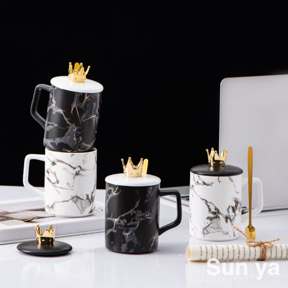 New black and white marbled ceramic mug Crown mug with lid and spoon Coffee mug Office cup thumbnail