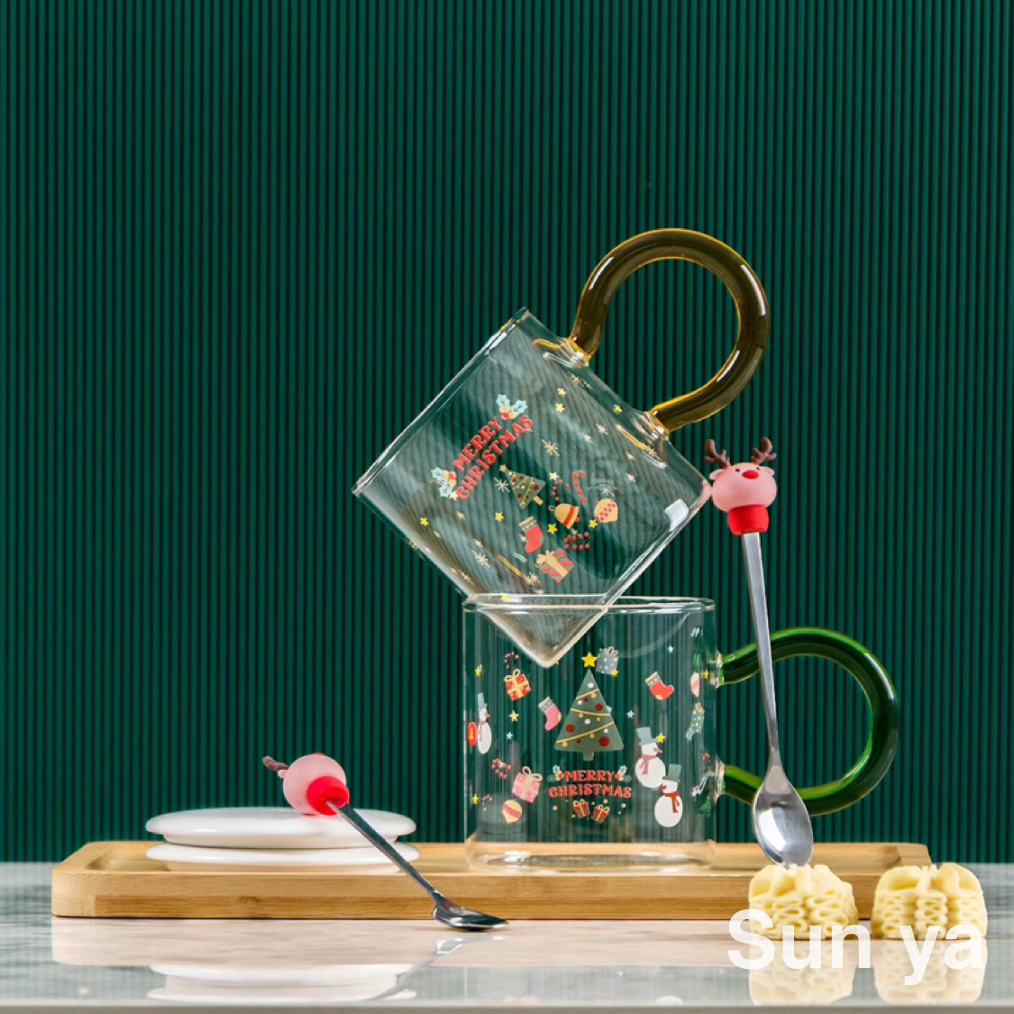 New Christmas cup Heat resistant glass with lid and spoon Coffee cup Office cup