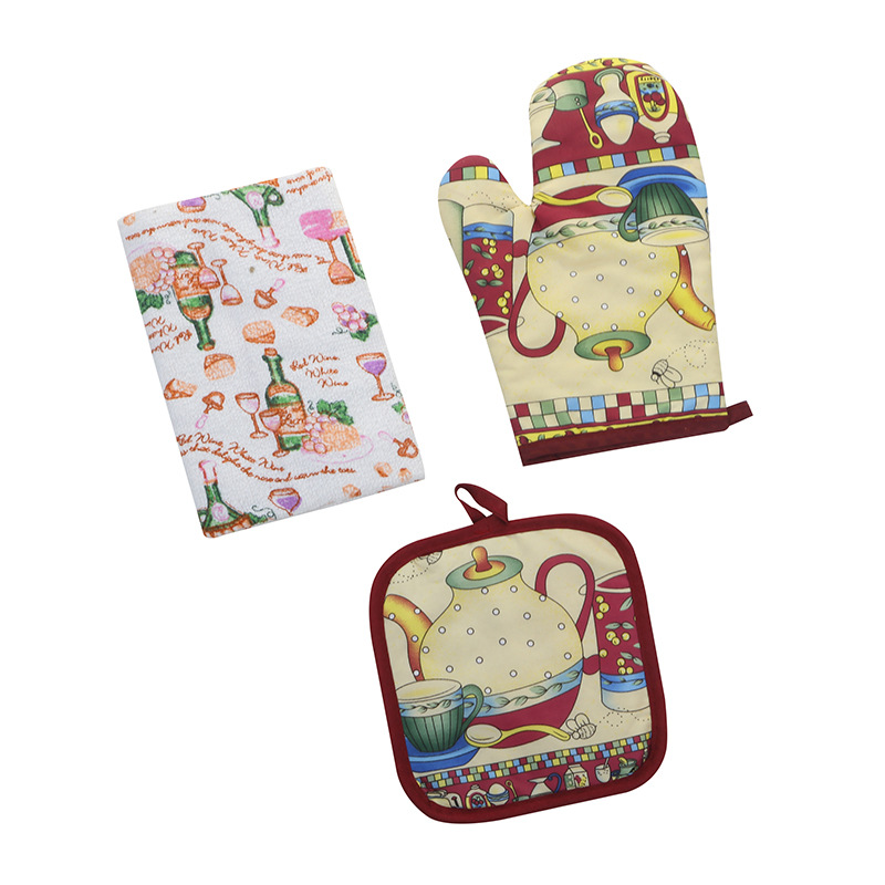 【LOVELY HOME】 Microwave Oven Gloves Pad Towel Three-piece Set Baking Set Home Heat-resistant Gloves Microwave Oven gloves Heat-resistant Gloves Microwave Oven Three-piece set Item Picture
