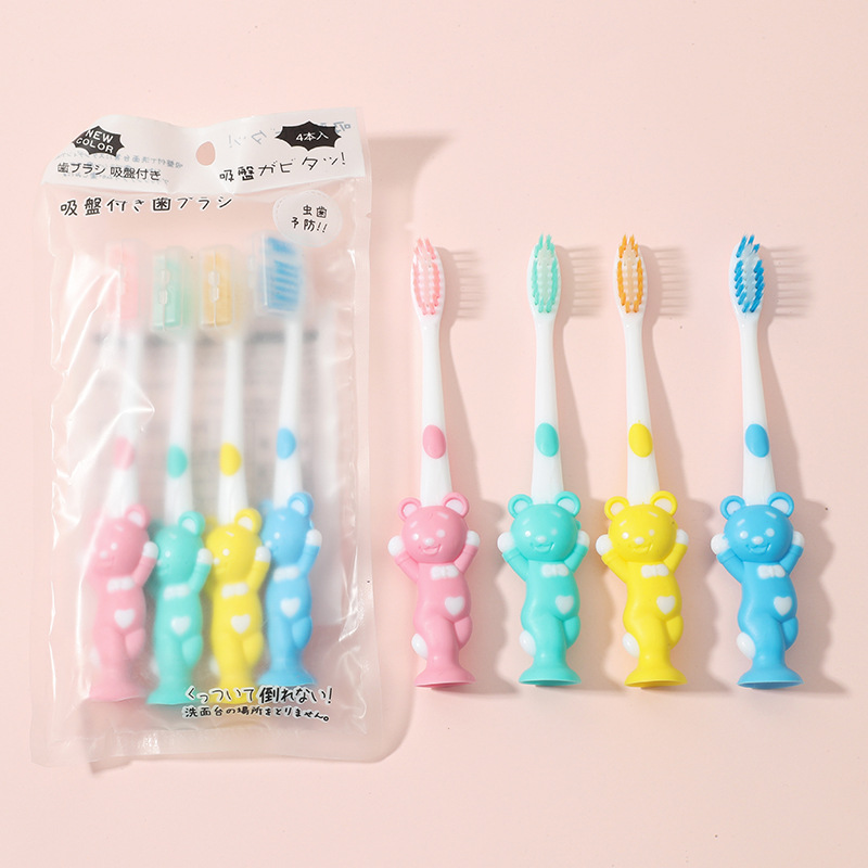 4 Children's suction cups, Douyin's popular macaron bear and rabbit cartoon toothbrushes, bamboo charcoal soft bristles details Picture