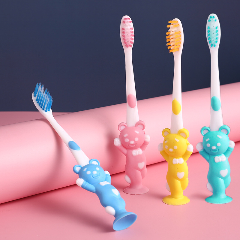 4 Children's suction cups, Douyin's popular macaron bear and rabbit cartoon toothbrushes, bamboo charcoal soft bristles full figure