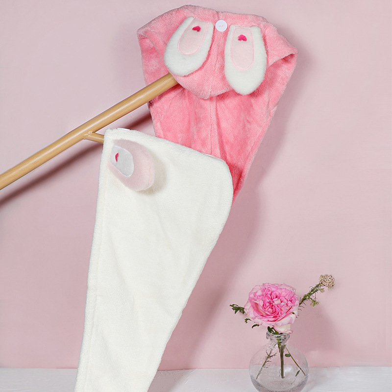 The pink and white rabbit-ear water-absorbing quick-drying shower cap, dry hair cap, warm and cold-preventing shower cap, which is beloved by countless girls