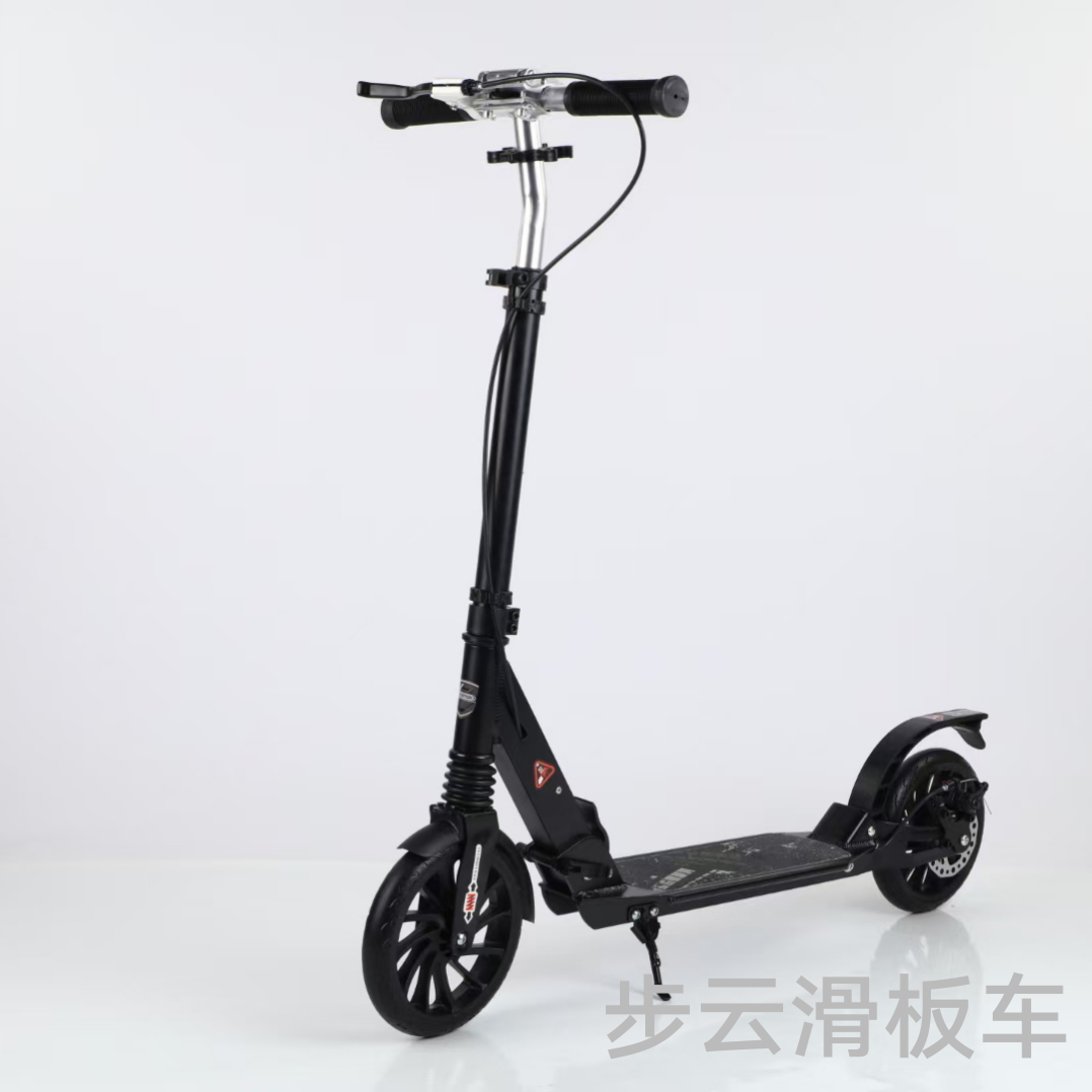 The Buyun adult aluminum alloy scooter features a push-button handle with handbrake, disc brake and shock absorption. The wheel height is adjustable Item Picture