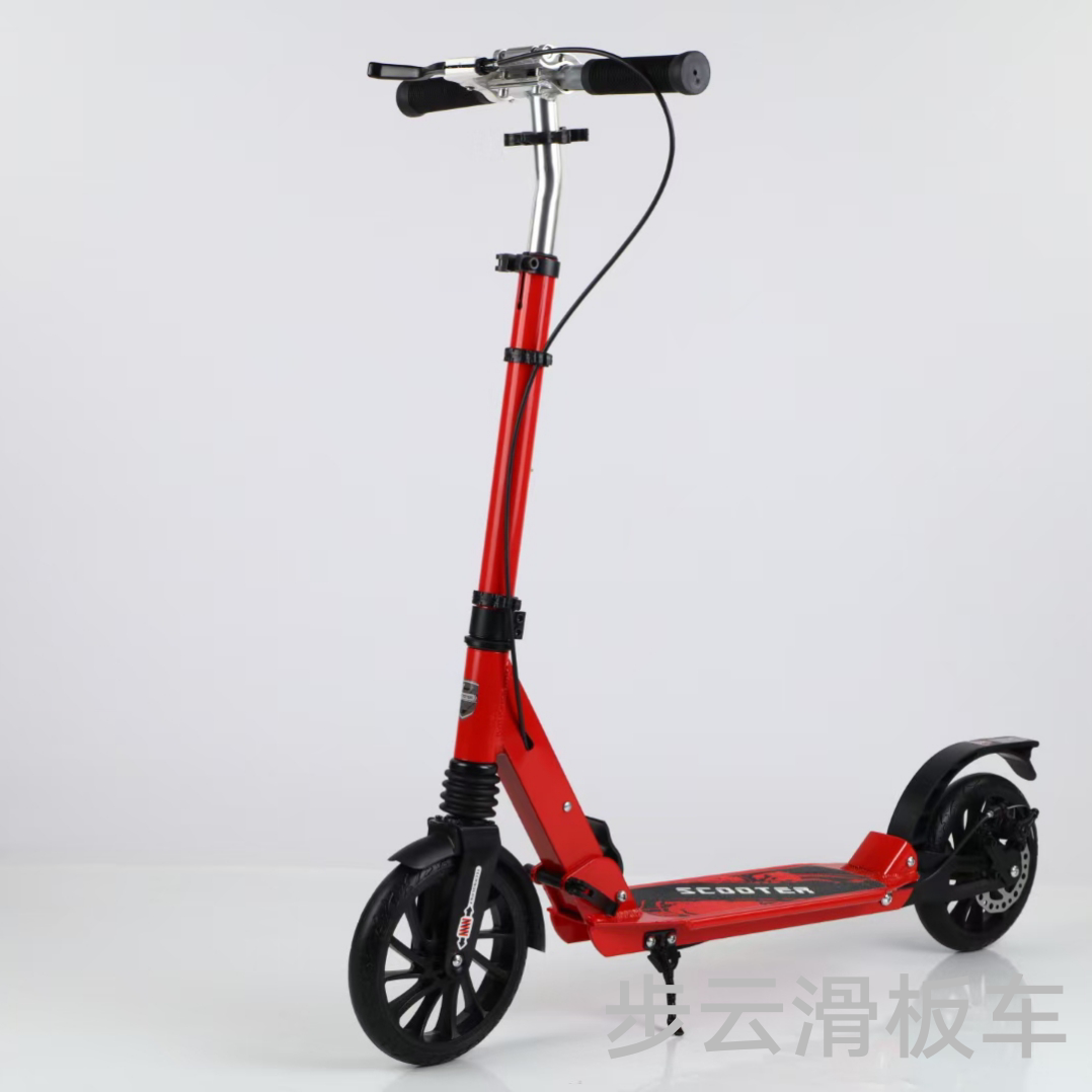 The Buyun adult aluminum alloy scooter features a push-button handle with handbrake, disc brake and shock absorption. The wheel height is adjustable details Picture
