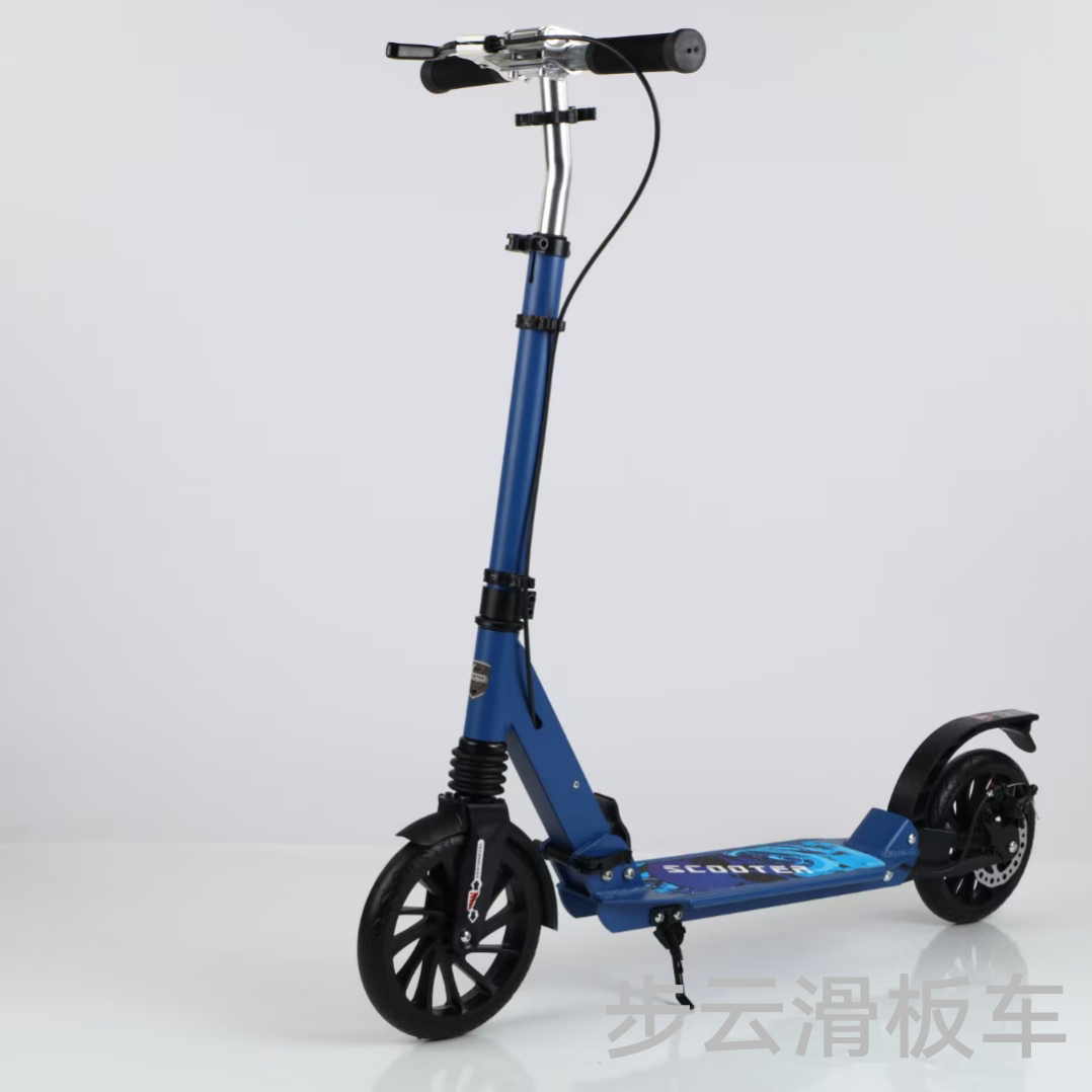 The Buyun adult aluminum alloy scooter features a push-button handle with handbrake, disc brake and shock absorption. The wheel height is adjustable Specification image
