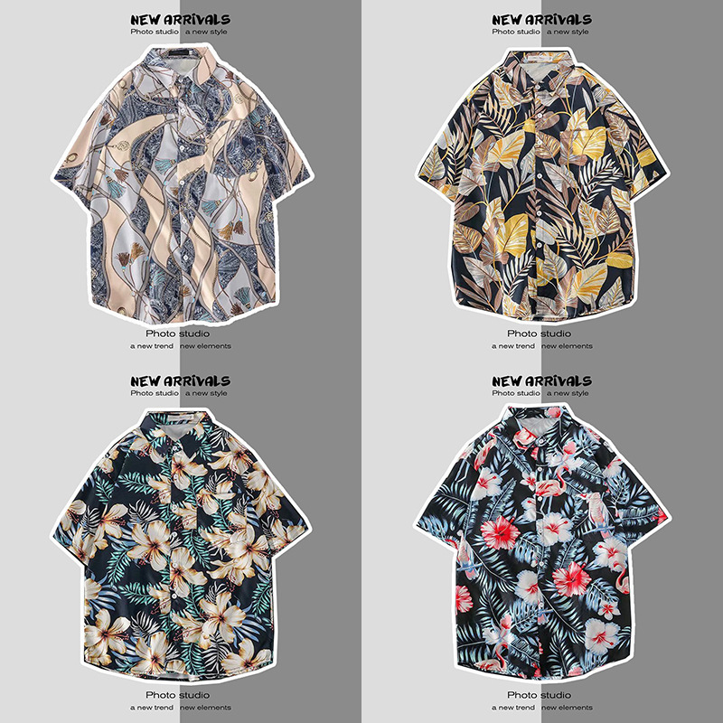 Summer trendy Hong Kong-style casual thin floral shirt, floral digital print, loose beach men's short-sleeved shirt for summer Application Scenario