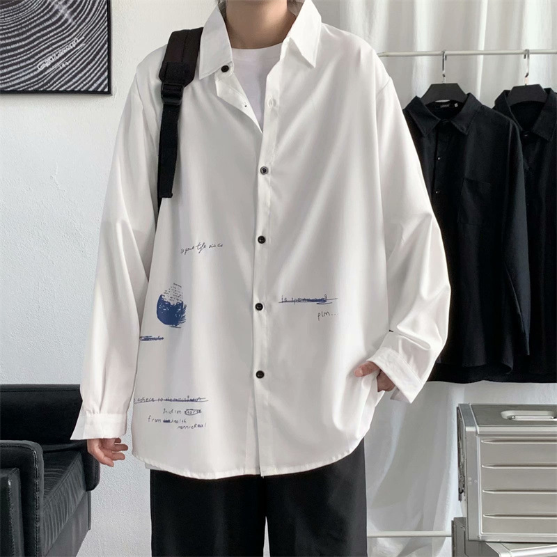 White shirt for boys, loose, large-sized student fashion brand for spring and autumn, lapel for teenagers, long-sleeved top, trendy short-sleeved shirt details Picture