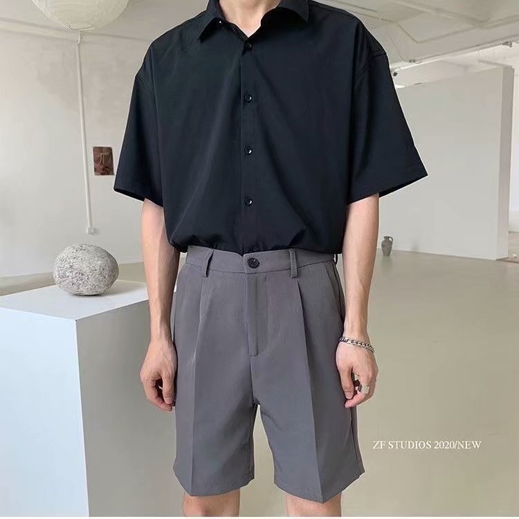 Summer 2021 vintage dark green shirt for men, short-sleeved Korean-style loose five-quarter sleeve shirt, mid-sleeved no-iron ice silk white Specification image