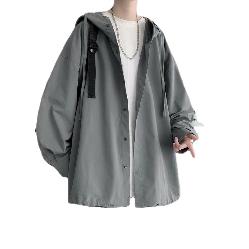 A grey high-end hooded shirt for men, a thin, ins, trendy long-sleeved sun-protective shirt for summer, and an American-Hong Kong-style top garment Item Picture