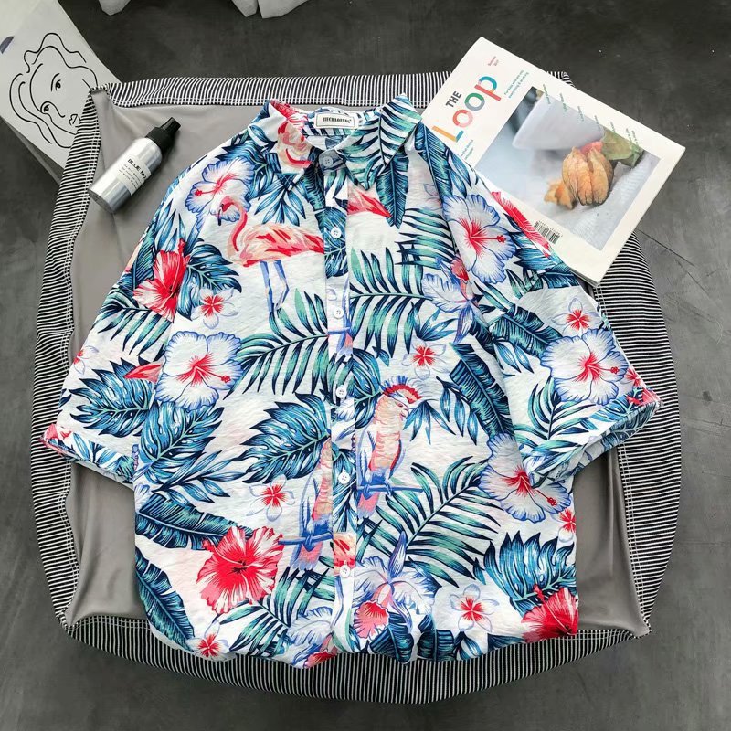 Foreign trade men's beach shirts, surfing quick-drying short-sleeved floral shirts, coconut tree seaside Hawaiian loose printed shirts details Picture
