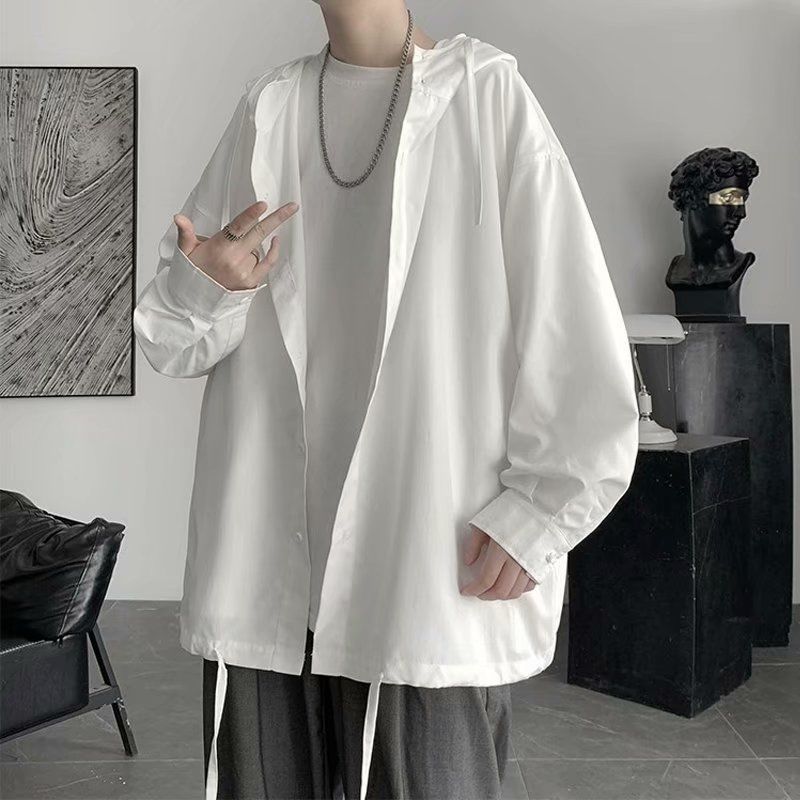 A grey high-end hooded shirt for men, a thin, ins, trendy long-sleeved sun-protective shirt for summer, and an American-Hong Kong-style top garment Specification image