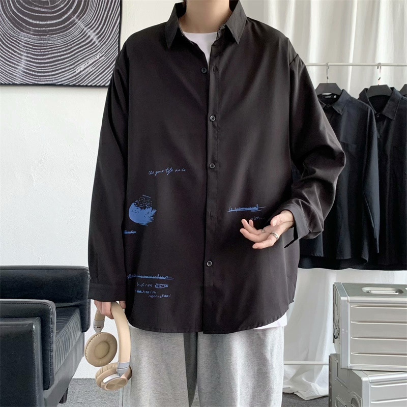 White shirt for boys, loose, large-sized student fashion brand for spring and autumn, lapel for teenagers, long-sleeved top, trendy short-sleeved shirt Specification image