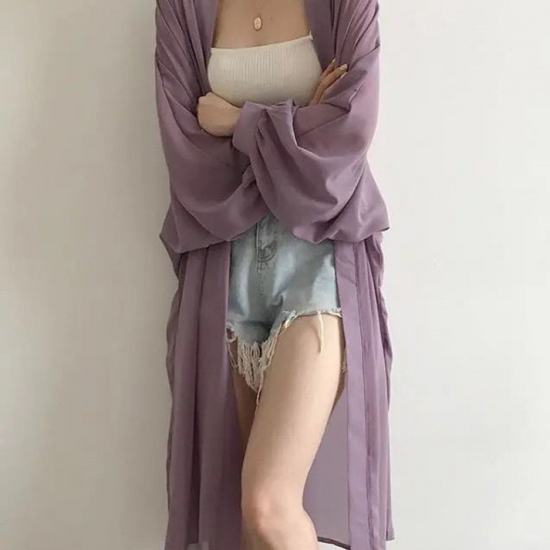 Summer bat long-sleeved loose pure white chiffon, extra-long chiffon cardigan for women, knee-length sun protection jacket, thin coat
