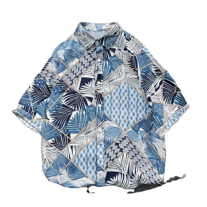 Foreign trade men's beach shirts, surfing quick-drying short-sleeved floral shirts, coconut tree seaside Hawaiian loose printed shirts Item Picture