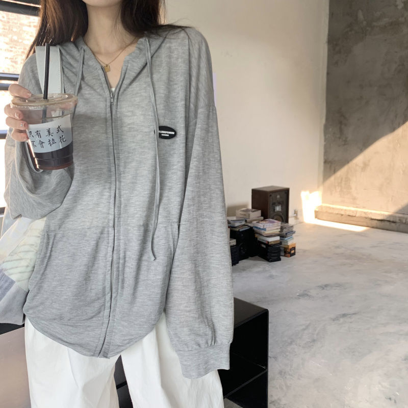 Summer plus-size women's clothing with ice silk sun protection, Korean style loose zipper, thin long-sleeved hooded jacket, trendy for women