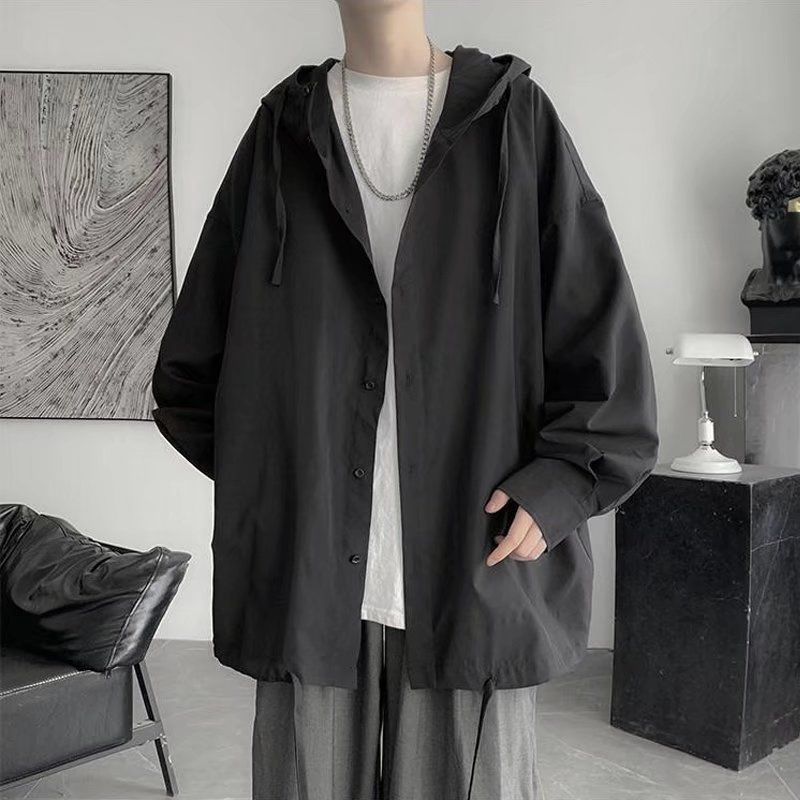A grey high-end hooded shirt for men, a thin, ins, trendy long-sleeved sun-protective shirt for summer, and an American-Hong Kong-style top garment Application Scenario