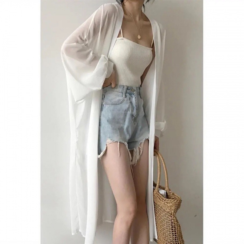 Summer bat long-sleeved loose pure white chiffon, extra-long chiffon cardigan for women, knee-length sun protection jacket, thin coat Specification image