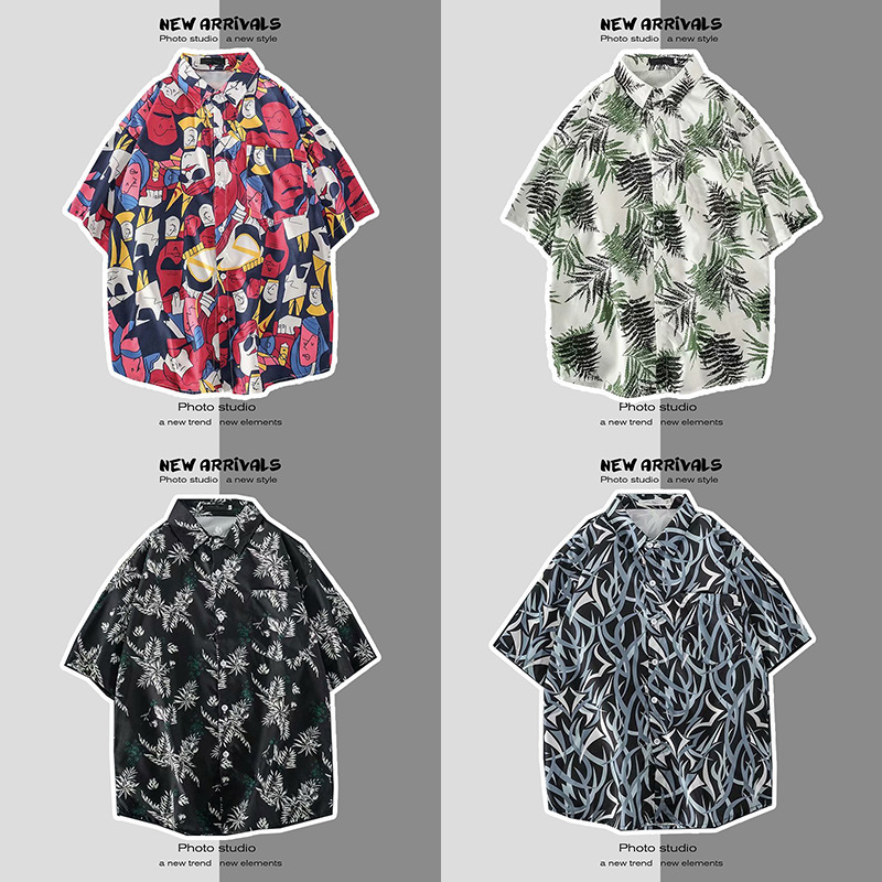 Summer trendy Hong Kong-style casual thin floral shirt, floral digital print, loose beach men's short-sleeved shirt for summer details Picture