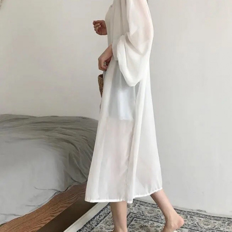 Summer bat long-sleeved loose pure white chiffon, extra-long chiffon cardigan for women, knee-length sun protection jacket, thin coat Item Picture
