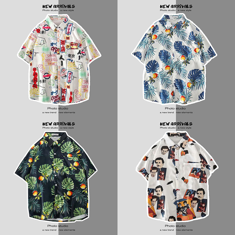 Summer trendy Hong Kong-style casual thin floral shirt, floral digital print, loose beach men's short-sleeved shirt for summer Specification image
