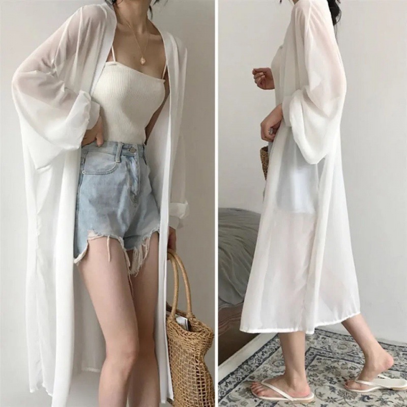 Summer bat long-sleeved loose pure white chiffon, extra-long chiffon cardigan for women, knee-length sun protection jacket, thin coat details Picture