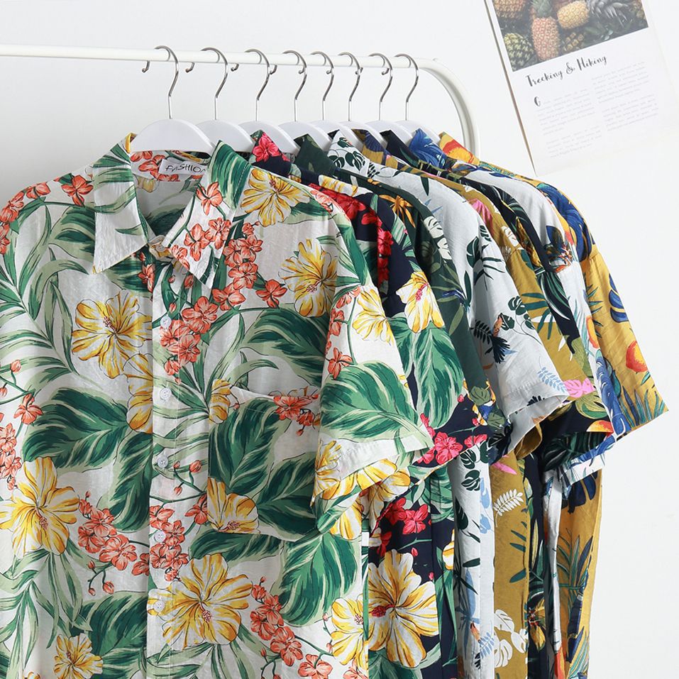Summer trendy Hong Kong-style casual thin floral shirt, floral digital print, loose beach men's short-sleeved shirt for summer