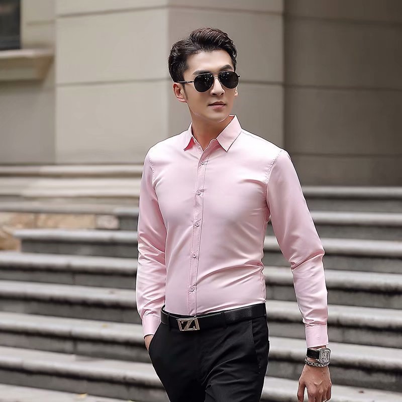 2022 Korean-style slim-fit men's white shirt, new men's long-sleeved shirt color, one-piece non-ironing inch shirt, available for delivery details Picture