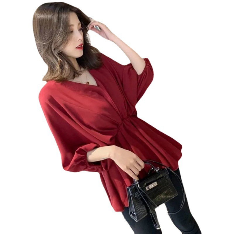 2022 Summer New Korean-style V-neck shirt, a thin printed shirt for women, a top for short people with a cinched waist and a potbelly to look slimmer Item Picture