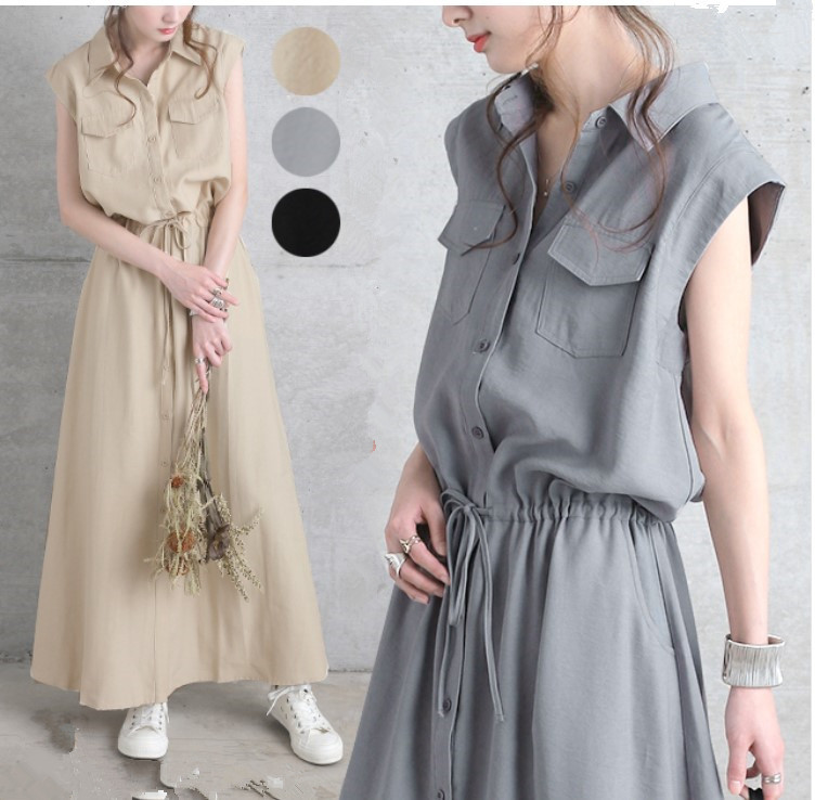 Spring 2022 new Japanese-style sleeveless pocket decorated sleeveless mid-length casual lapel dress