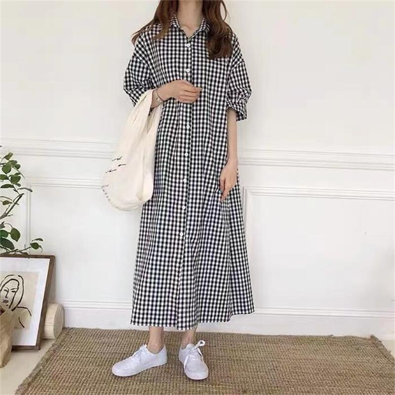 Korean version 2022 summer light and fresh plaid loose slimming long knee-length shirt dress Casual cotton and linen dress for women