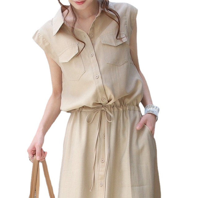 Spring 2022 new Japanese-style sleeveless pocket decorated sleeveless mid-length casual lapel dress details Picture