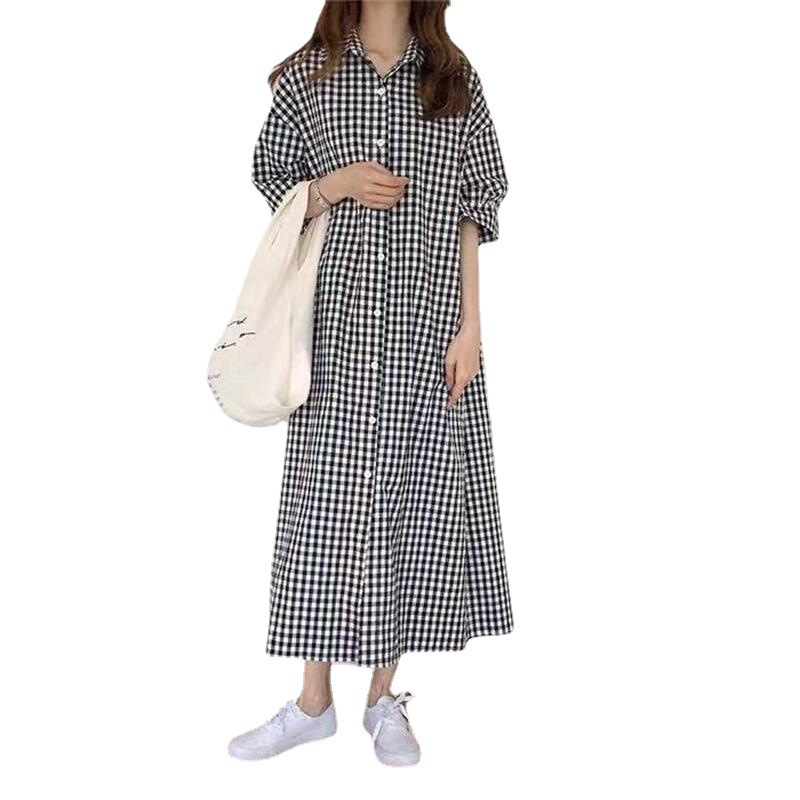 Korean version 2022 summer light and fresh plaid loose slimming long knee-length shirt dress Casual cotton and linen dress for women Item Picture