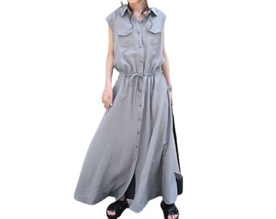 Spring 2022 new Japanese-style sleeveless pocket decorated sleeveless mid-length casual lapel dress Item Picture