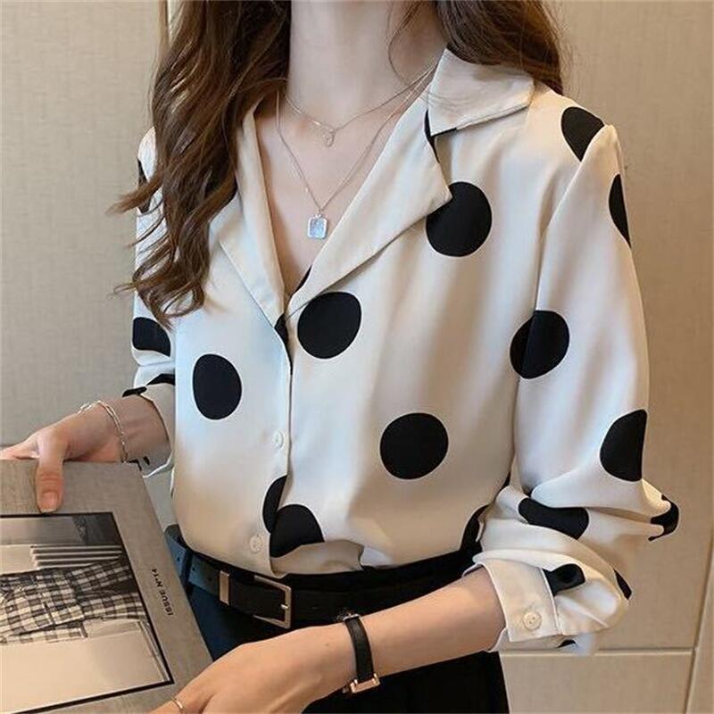The 2022 Spring and Autumn new polka dot shirt for women is a retro Hong Kong-style top with a design sense and a light mature shirt as the base layer, making it a trendy choice details Picture
