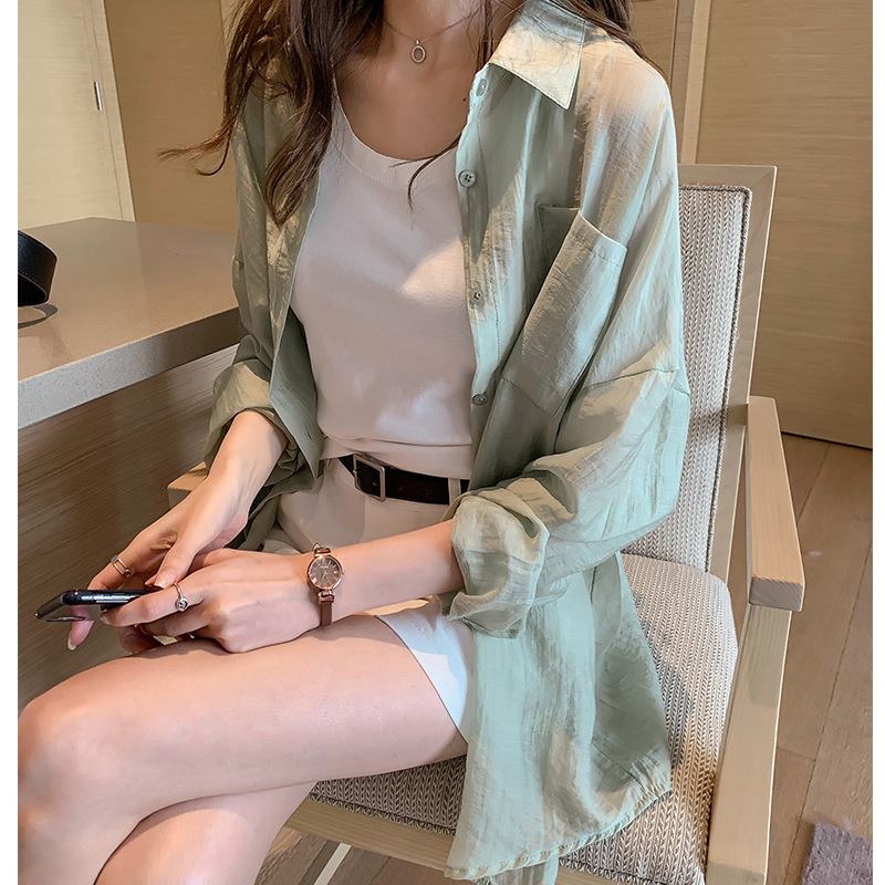 2022春秋新款韩版宽松中长款衬衫女设计感上衣薄款防晒衬衣外套潮