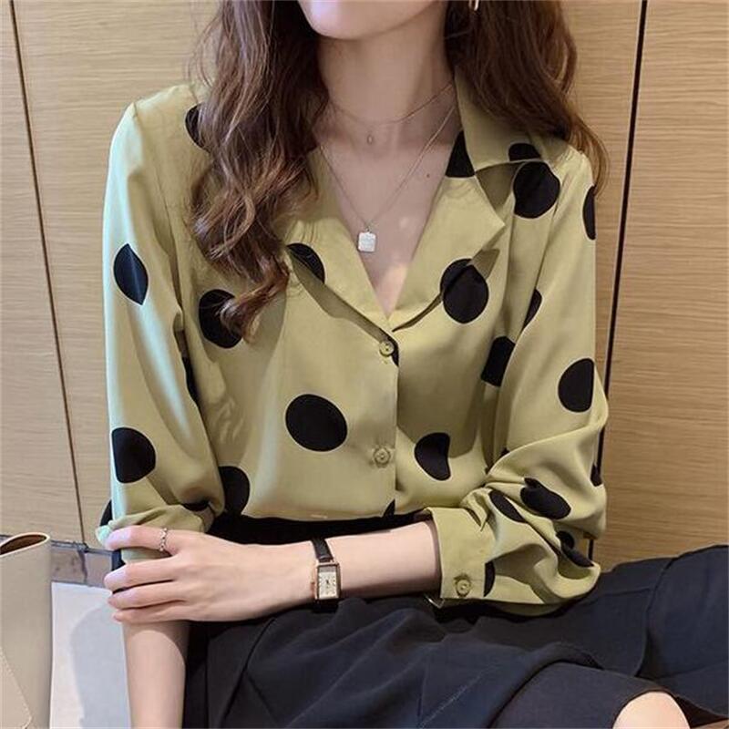 The 2022 Spring and Autumn new polka dot shirt for women is a retro Hong Kong-style top with a design sense and a light mature shirt as the base layer, making it a trendy choice Specification image