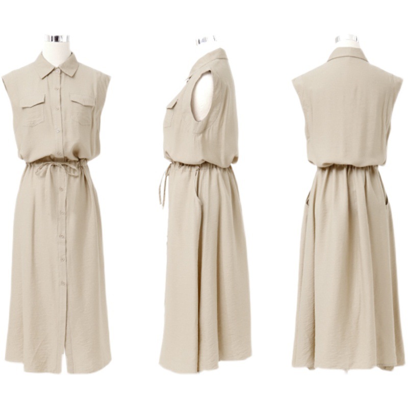 Spring 2022 new Japanese-style sleeveless pocket decorated sleeveless mid-length casual lapel dress Specification image