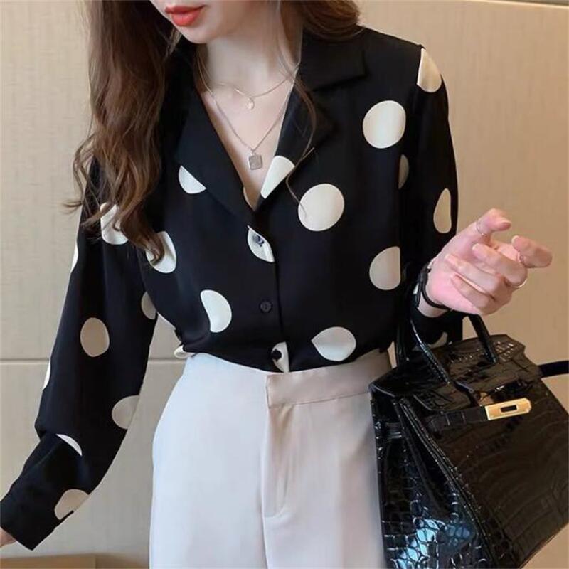 The 2022 Spring and Autumn new polka dot shirt for women is a retro Hong Kong-style top with a design sense and a light mature shirt as the base layer, making it a trendy choice